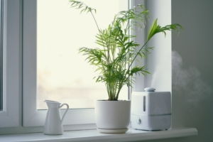 humidifier-and-flower-chamaedorea-in-pot-on-window