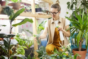 woman-cleaning-plants-from-dust
